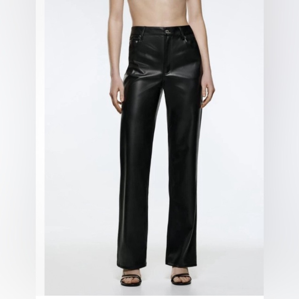 ZARA Black Faux Leather 90s Straight Leg Pants High Rise NWT Medium